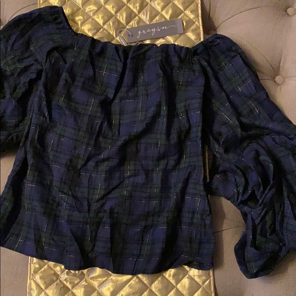 Plaid Off the Shoulder Top with Puff Sleeves - Picture 1 of 6